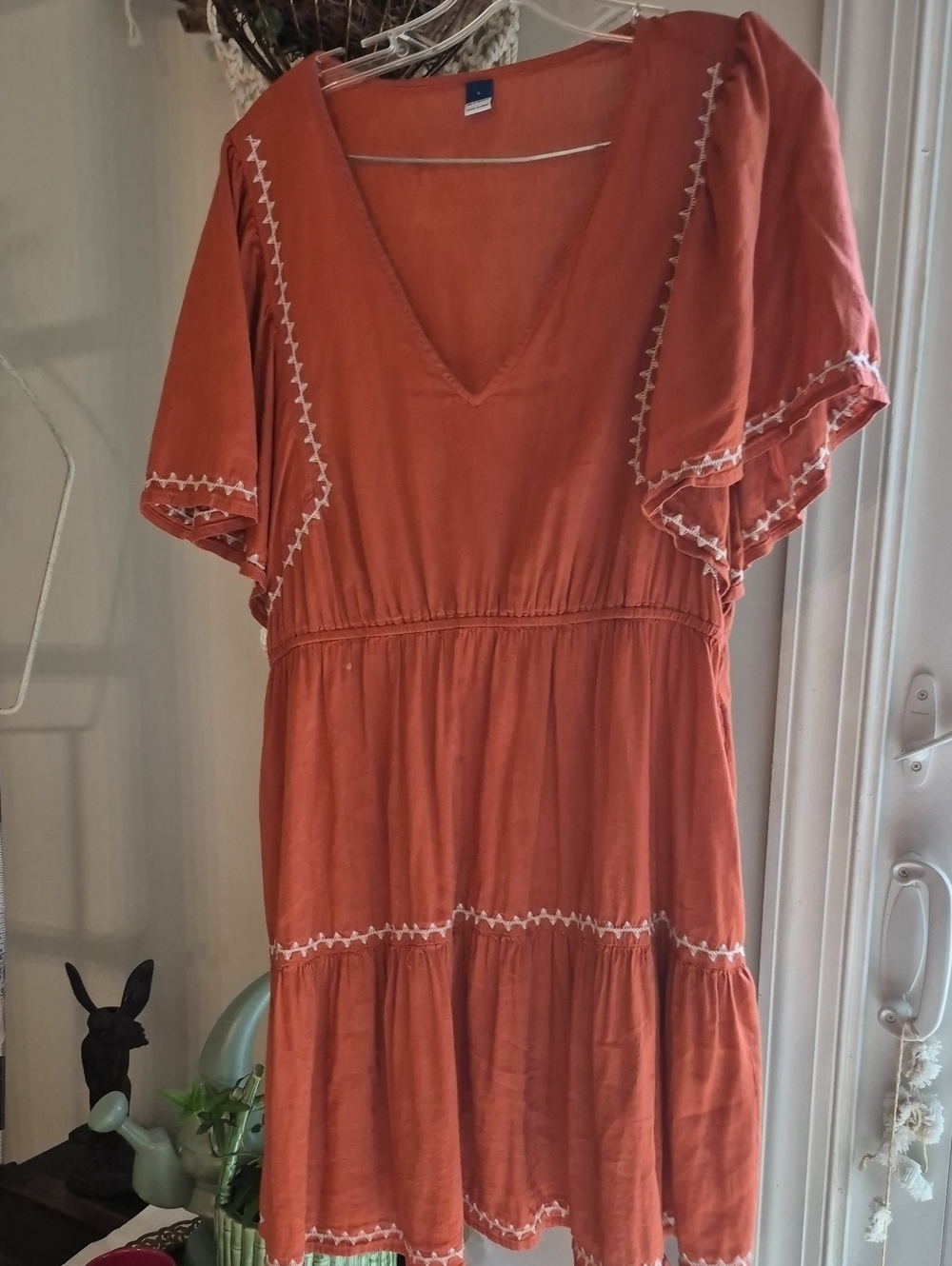 Old Navy Rust Orange V-Neck Tiered Mini Dress with White Stitching